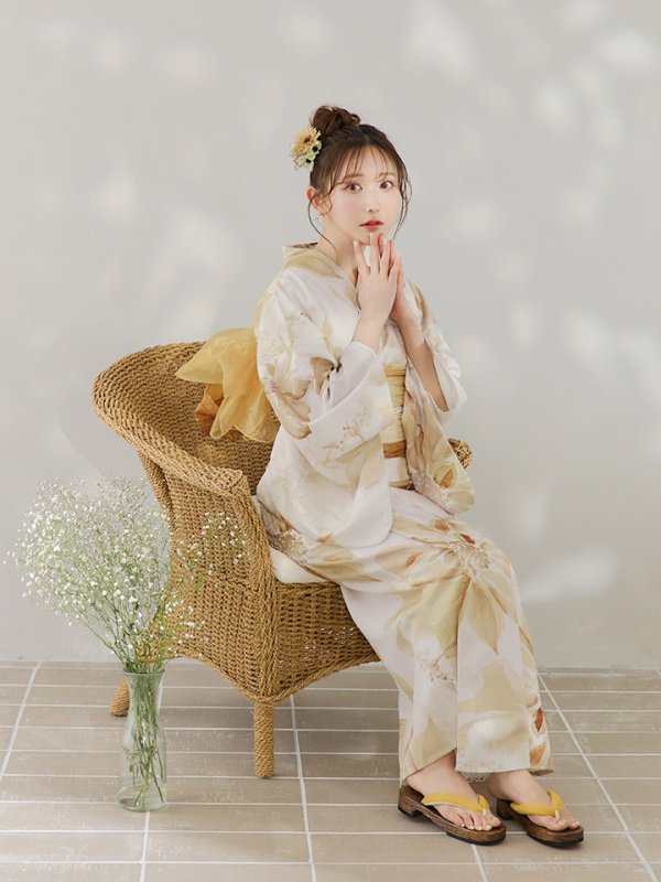 画像15: 【即日発送】水彩イエローフラワー浴衣  【浴衣３点セット 浴衣/帯/下駄】[YMT] (15)