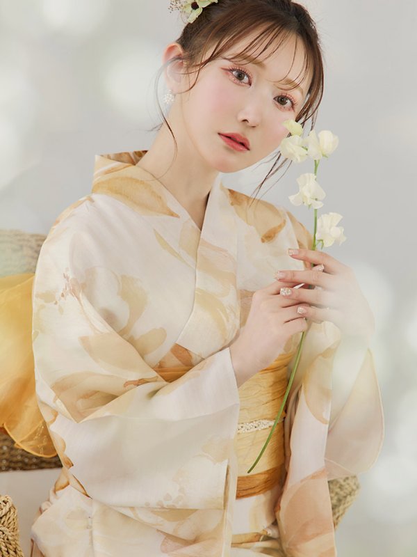 画像3: 【即日発送】水彩イエローフラワー浴衣  【浴衣３点セット 浴衣/帯/下駄】[YMT] (3)