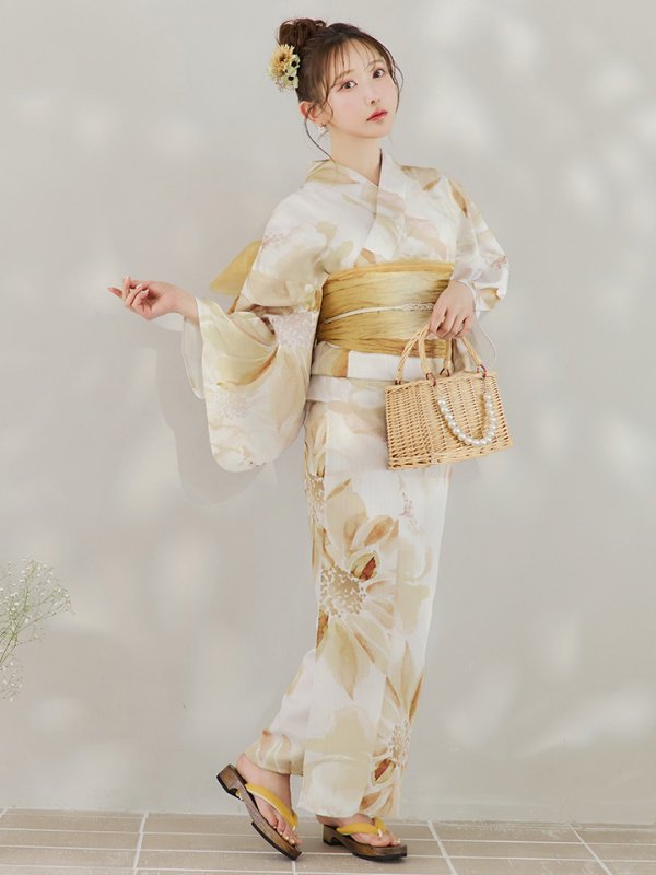 画像4: 【即日発送】水彩イエローフラワー浴衣  【浴衣３点セット 浴衣/帯/下駄】[YMT] (4)