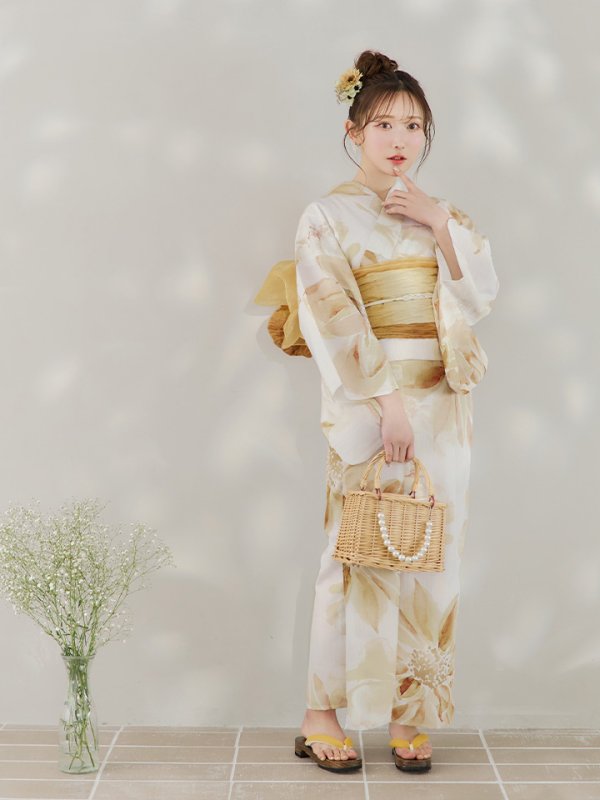 画像5: 【即日発送】水彩イエローフラワー浴衣  【浴衣３点セット 浴衣/帯/下駄】[YMT] (5)