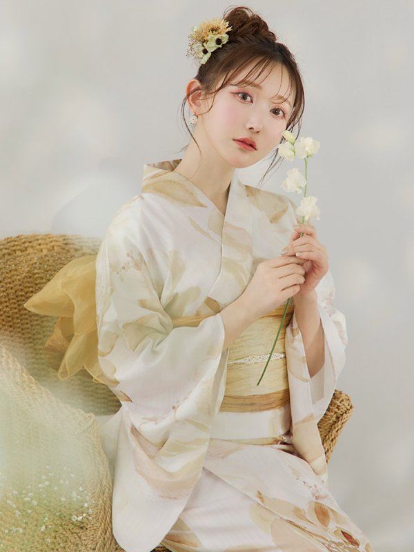 画像9: 【即日発送】水彩イエローフラワー浴衣  【浴衣３点セット 浴衣/帯/下駄】[YMT] (9)