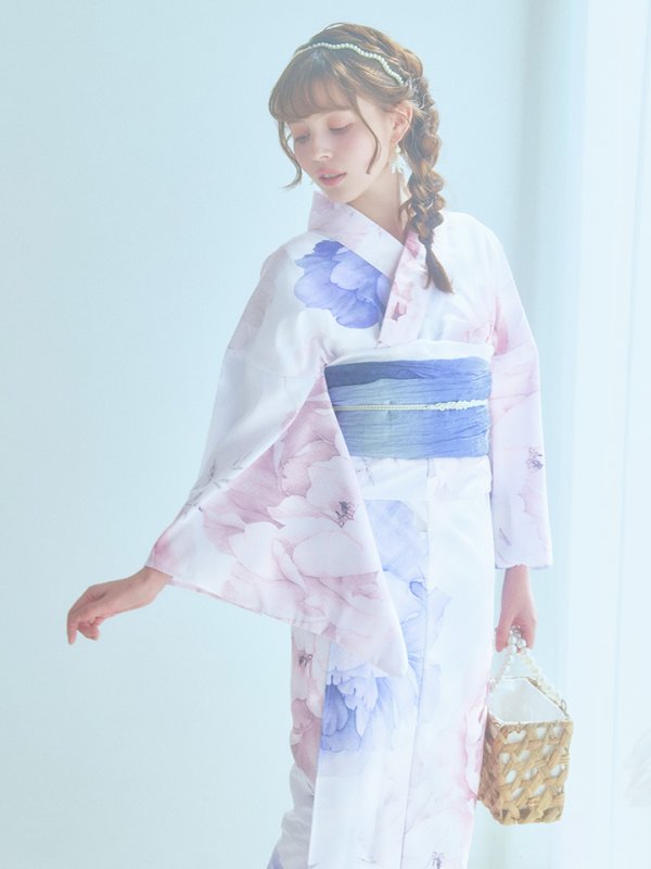 画像13: 【即日発送】ホワイト×ピオニー浴衣  【浴衣３点セット 浴衣/帯/下駄】[OF04] (13)