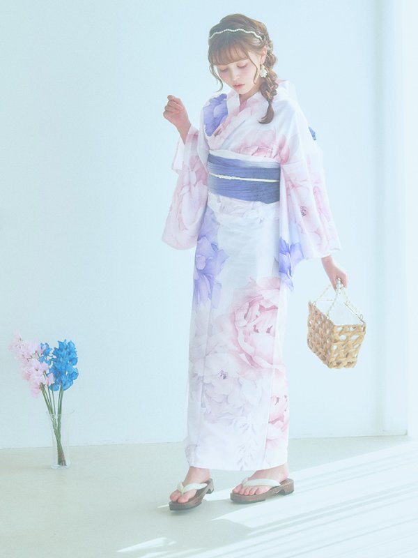 画像3: 【即日発送】ホワイト×ピオニー浴衣  【浴衣３点セット 浴衣/帯/下駄】[OF04] (3)