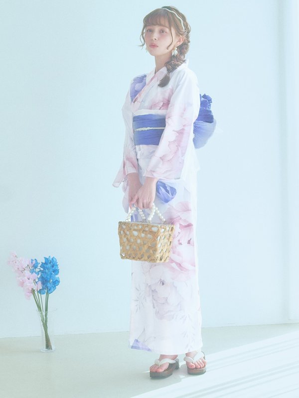 画像9: 【即日発送】ホワイト×ピオニー浴衣  【浴衣３点セット 浴衣/帯/下駄】[OF04] (9)