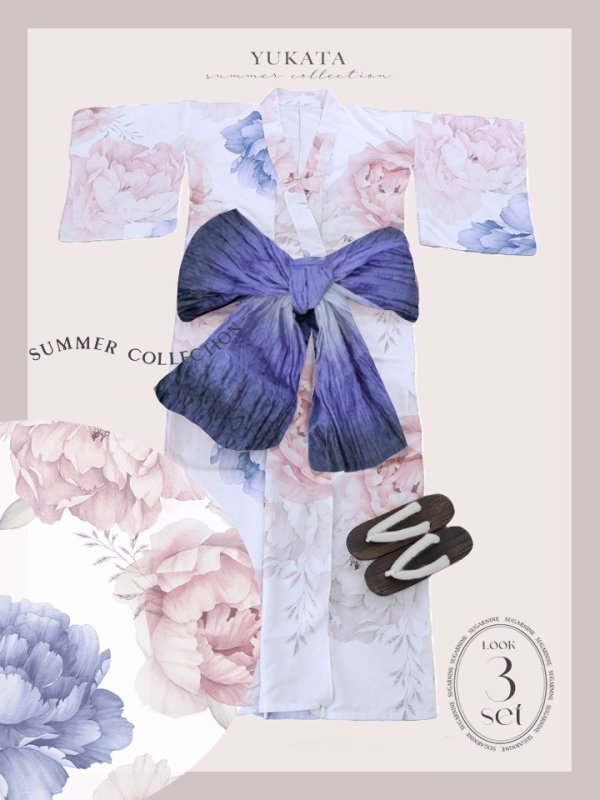 画像26: 【即日発送】ホワイト×ピオニー浴衣  【浴衣３点セット 浴衣/帯/下駄】[OF04] (26)