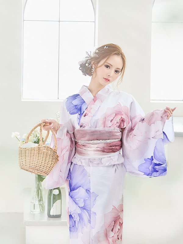 画像14: 【即日発送】ホワイト×ピオニー浴衣  【浴衣３点セット 浴衣/帯/下駄】[YMT] (14)