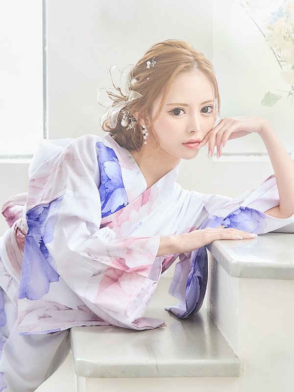 画像6: 【即日発送】ホワイト×ピオニー浴衣  【浴衣３点セット 浴衣/帯/下駄】[YMT] (6)