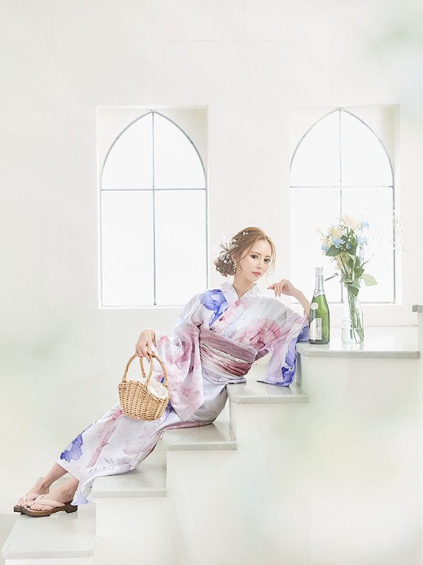 画像7: 【即日発送】ホワイト×ピオニー浴衣  【浴衣３点セット 浴衣/帯/下駄】[YMT] (7)