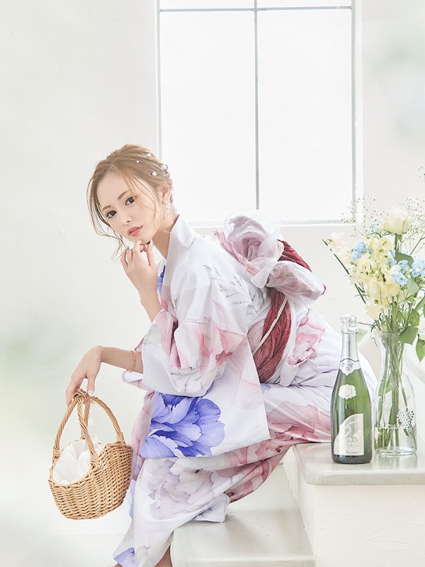 画像8: 【即日発送】ホワイト×ピオニー浴衣  【浴衣３点セット 浴衣/帯/下駄】[YMT] (8)