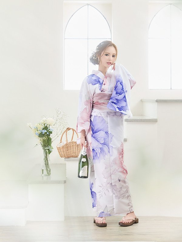 画像9: 【即日発送】ホワイト×ピオニー浴衣  【浴衣３点セット 浴衣/帯/下駄】[YMT] (9)