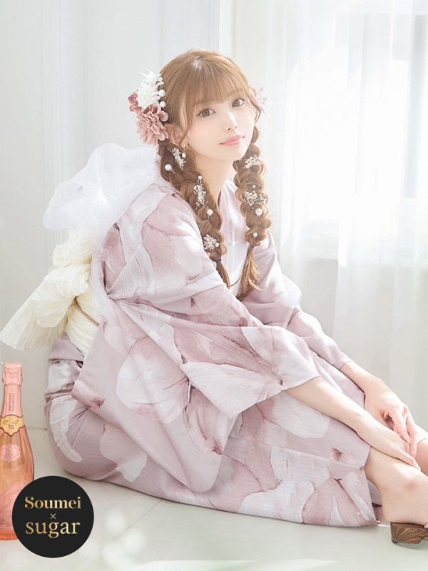 画像1: 【即日発送】くすみピンクブロッサム浴衣  【浴衣３点セット 浴衣/帯/下駄】[YMT] (1)