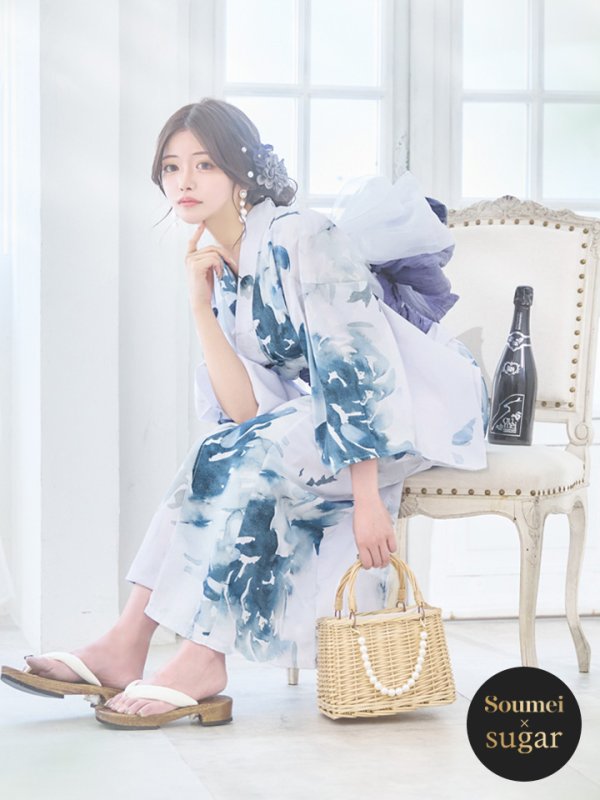 画像2: 【即日発送】グラデーションブルーグリーン浴衣  【浴衣３点セット 浴衣/帯/下駄】[OF04] (2)