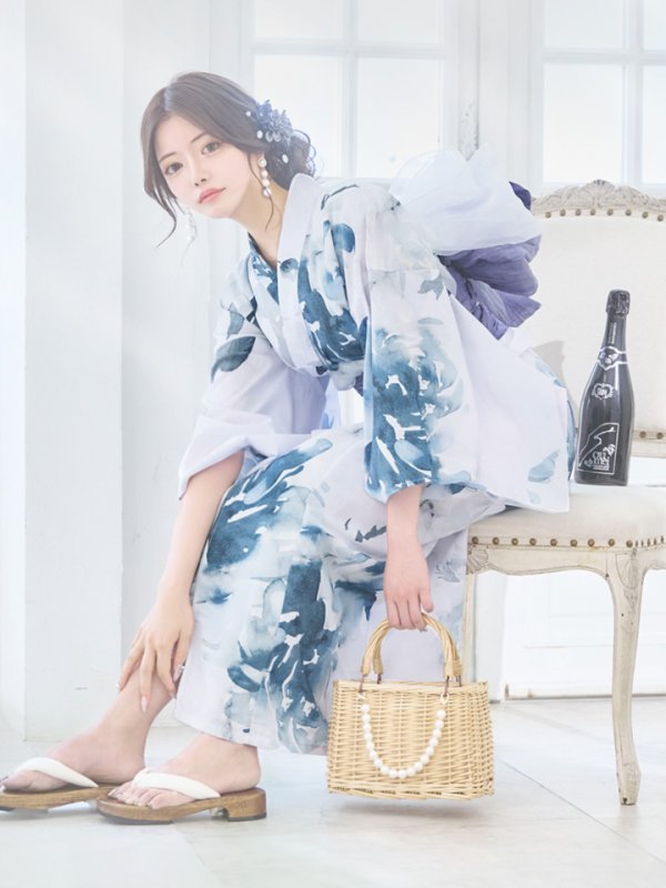 画像9: 【即日発送】グラデーションブルーグリーン浴衣  【浴衣３点セット 浴衣/帯/下駄】[OF04] (9)