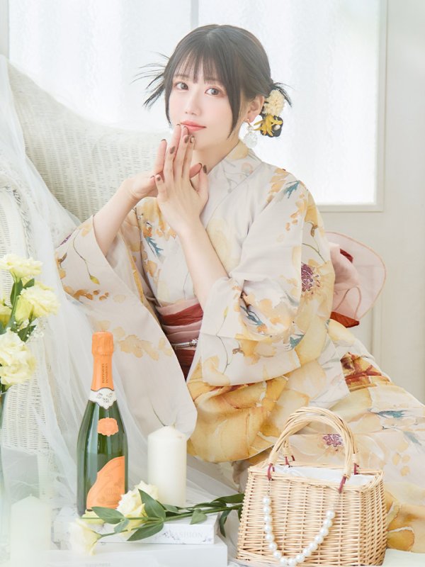 画像10: 【即日発送】イエローベージュフラワー浴衣  【浴衣３点セット 浴衣/帯/下駄】[YMT] (10)