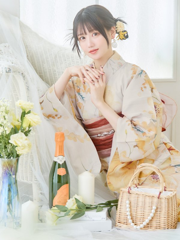 画像11: 【即日発送】イエローベージュフラワー浴衣  【浴衣３点セット 浴衣/帯/下駄】[YMT] (11)