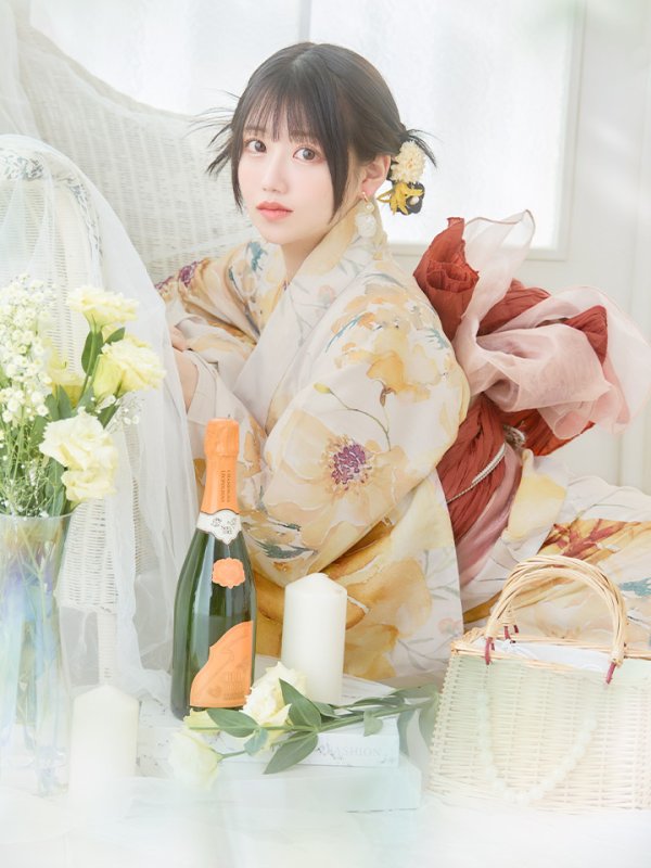 画像12: 【即日発送】イエローベージュフラワー浴衣  【浴衣３点セット 浴衣/帯/下駄】[YMT] (12)