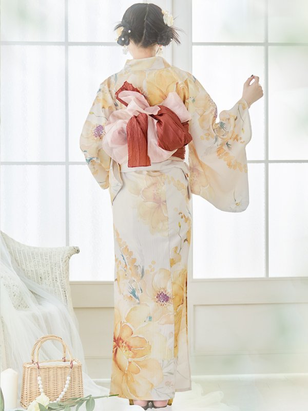 画像18: 【即日発送】イエローベージュフラワー浴衣  【浴衣３点セット 浴衣/帯/下駄】[YMT] (18)