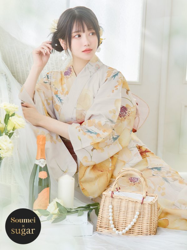 画像2: 【即日発送】イエローベージュフラワー浴衣  【浴衣３点セット 浴衣/帯/下駄】[YMT] (2)