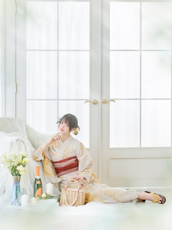 画像5: 【即日発送】イエローベージュフラワー浴衣  【浴衣３点セット 浴衣/帯/下駄】[YMT] (5)