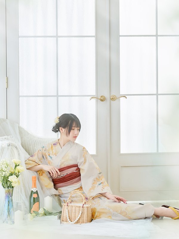 画像7: 【即日発送】イエローベージュフラワー浴衣  【浴衣３点セット 浴衣/帯/下駄】[YMT] (7)