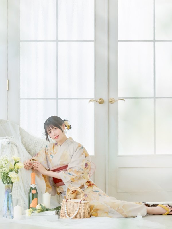 画像8: 【即日発送】イエローベージュフラワー浴衣  【浴衣３点セット 浴衣/帯/下駄】[YMT] (8)