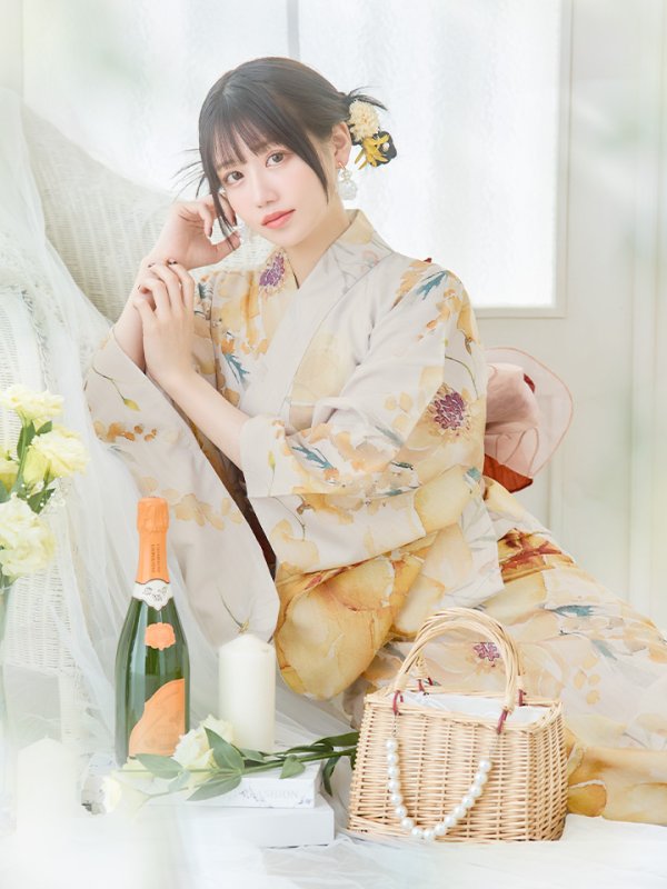 画像9: 【即日発送】イエローベージュフラワー浴衣  【浴衣３点セット 浴衣/帯/下駄】[YMT] (9)