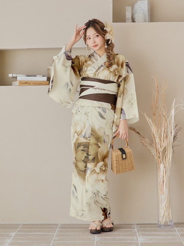 画像10: 【即日発送！】ブラウンベージュクラシックフラワー浴衣  【浴衣３点セット 浴衣/帯/下駄】[YMT] (10)