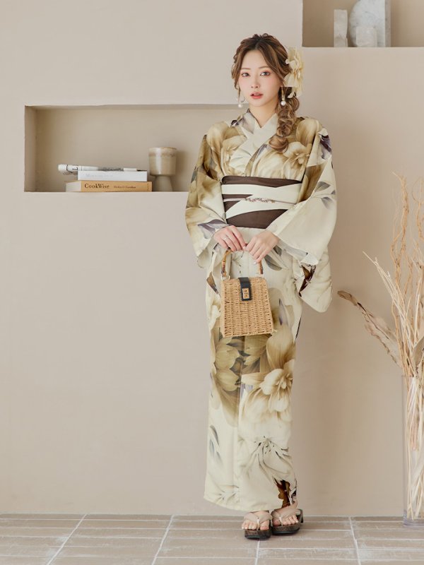 画像12: 【即日発送！】ブラウンベージュクラシックフラワー浴衣  【浴衣３点セット 浴衣/帯/下駄】[YMT] (12)