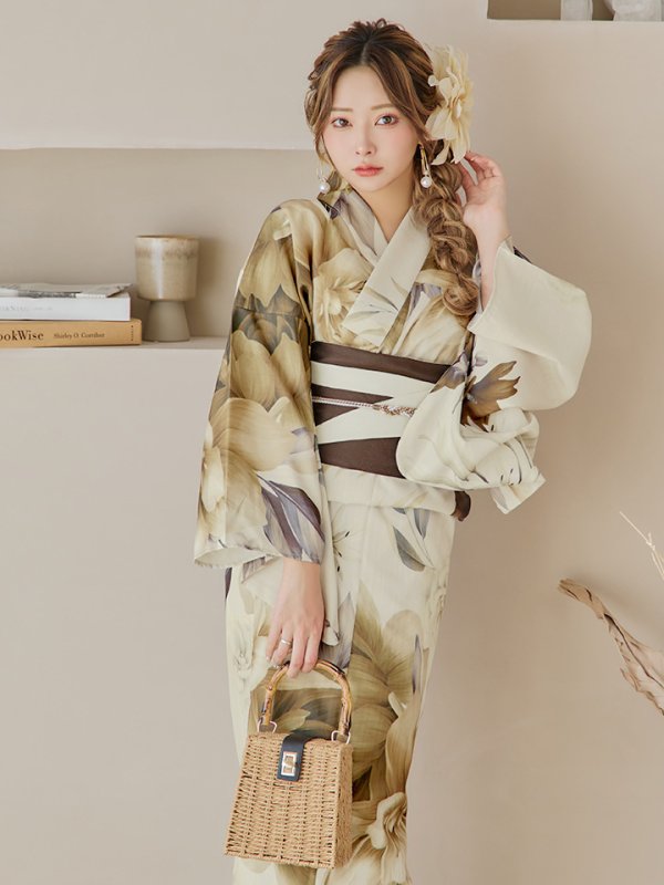 画像18: 【即日発送！】ブラウンベージュクラシックフラワー浴衣  【浴衣３点セット 浴衣/帯/下駄】[YMT] (18)