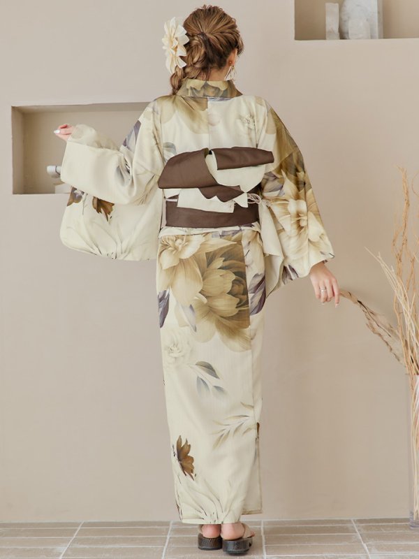 画像19: 【即日発送！】ブラウンベージュクラシックフラワー浴衣  【浴衣３点セット 浴衣/帯/下駄】[YMT] (19)