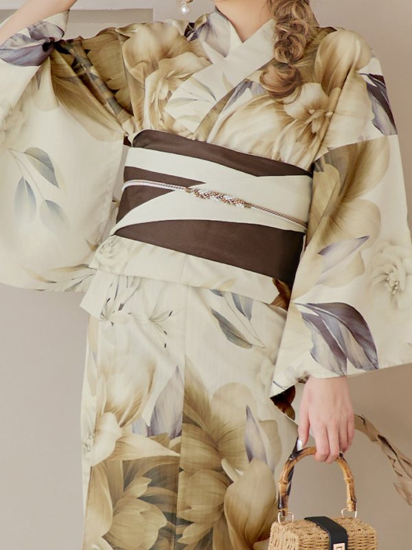 画像20: 【即日発送！】ブラウンベージュクラシックフラワー浴衣  【浴衣３点セット 浴衣/帯/下駄】[YMT] (20)