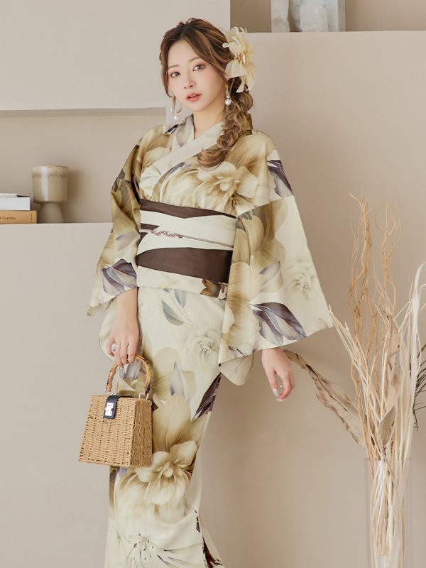 画像3: 【即日発送！】ブラウンベージュクラシックフラワー浴衣  【浴衣３点セット 浴衣/帯/下駄】[YMT] (3)