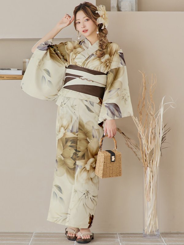 画像4: 【即日発送！】ブラウンベージュクラシックフラワー浴衣  【浴衣３点セット 浴衣/帯/下駄】[YMT] (4)