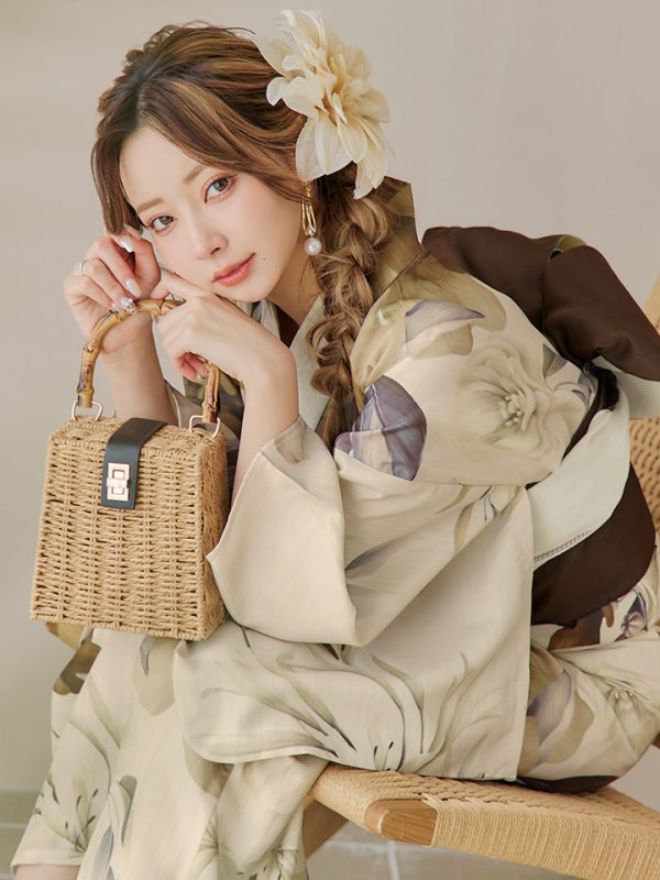 画像5: 【即日発送！】ブラウンベージュクラシックフラワー浴衣  【浴衣３点セット 浴衣/帯/下駄】[YMT] (5)