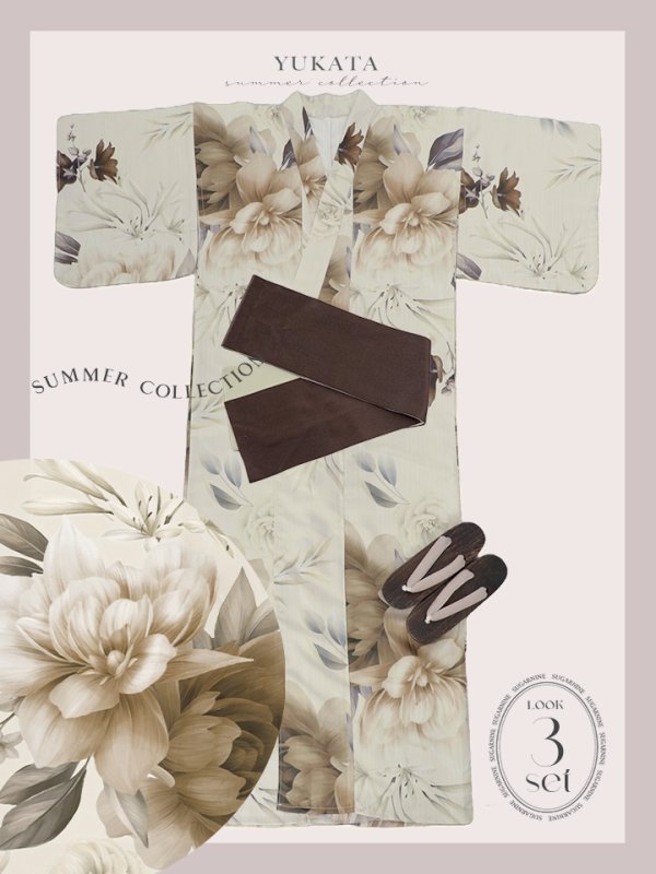 画像25: 【即日発送！】ブラウンベージュクラシックフラワー浴衣  【浴衣３点セット 浴衣/帯/下駄】[YMT] (25)