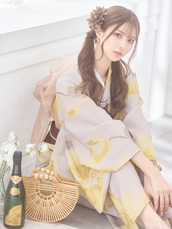 画像11: 【即日発送】グレージュ×イエローフラワー浴衣  【浴衣３点セット 浴衣/帯/下駄】[YMT] (11)