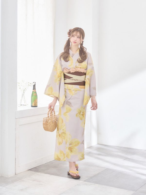 画像12: 【即日発送】グレージュ×イエローフラワー浴衣  【浴衣３点セット 浴衣/帯/下駄】[YMT] (12)