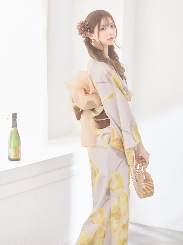 画像14: 【即日発送】グレージュ×イエローフラワー浴衣  【浴衣３点セット 浴衣/帯/下駄】[YMT] (14)