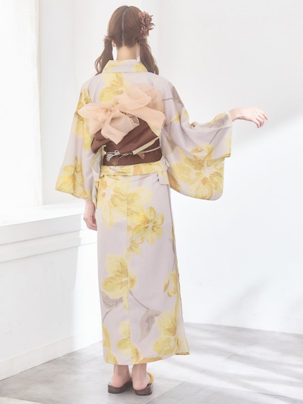 画像17: 【即日発送】グレージュ×イエローフラワー浴衣  【浴衣３点セット 浴衣/帯/下駄】[YMT] (17)