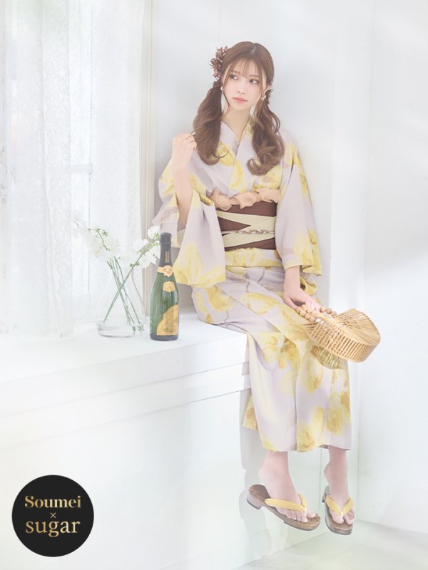 画像2: 【即日発送】グレージュ×イエローフラワー浴衣  【浴衣３点セット 浴衣/帯/下駄】[YMT] (2)