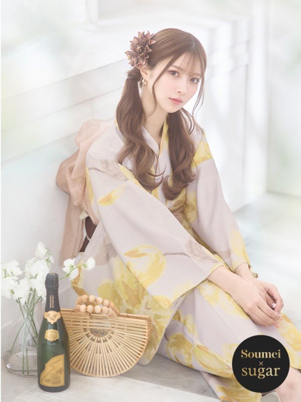 画像3: 【即日発送】グレージュ×イエローフラワー浴衣  【浴衣３点セット 浴衣/帯/下駄】[YMT] (3)