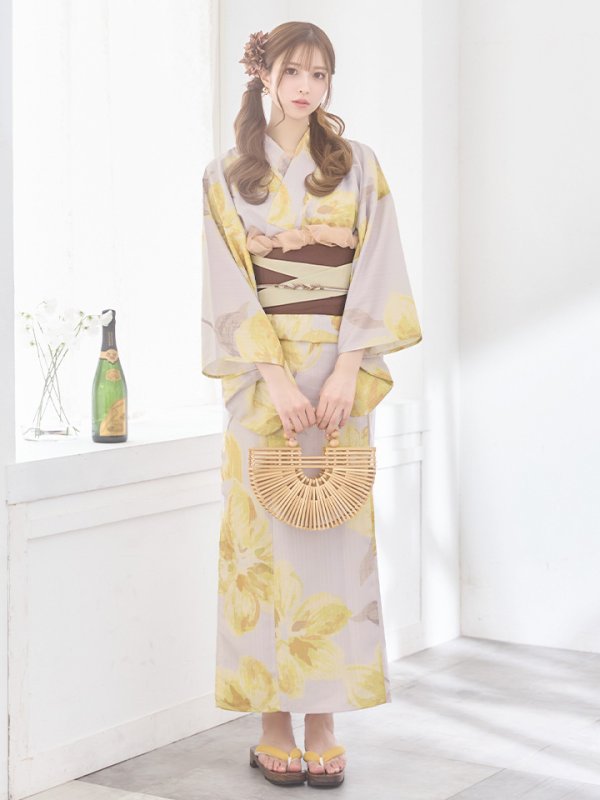 画像4: 【即日発送】グレージュ×イエローフラワー浴衣  【浴衣３点セット 浴衣/帯/下駄】[YMT] (4)