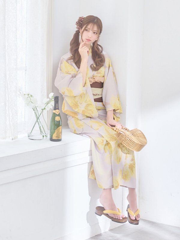 画像5: 【即日発送】グレージュ×イエローフラワー浴衣  【浴衣３点セット 浴衣/帯/下駄】[YMT] (5)