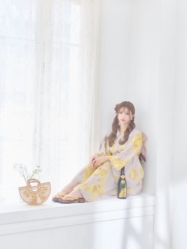 画像6: 【即日発送】グレージュ×イエローフラワー浴衣  【浴衣３点セット 浴衣/帯/下駄】[YMT] (6)