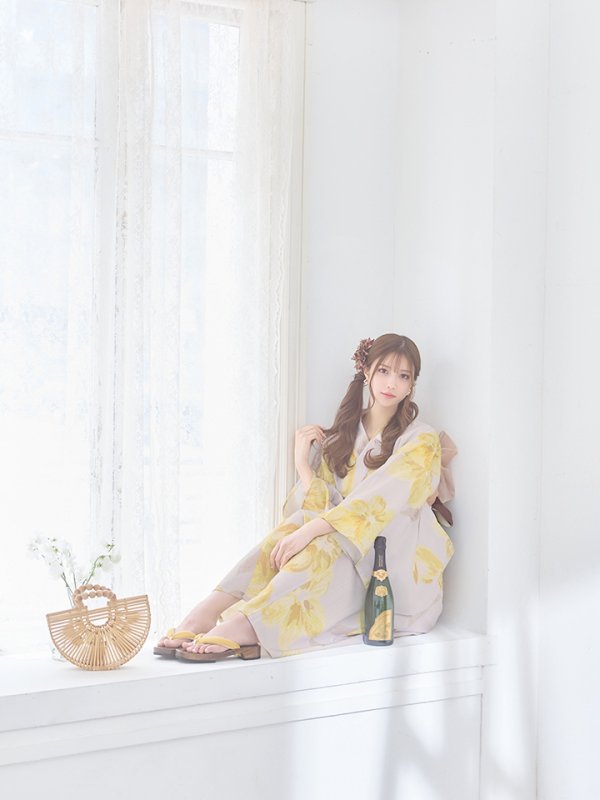画像7: 【即日発送】グレージュ×イエローフラワー浴衣  【浴衣３点セット 浴衣/帯/下駄】[YMT] (7)