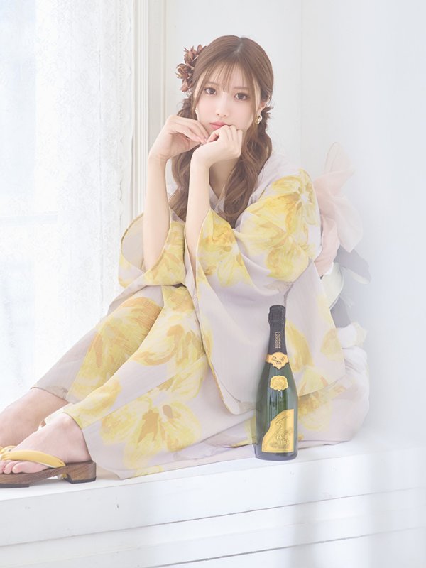 画像8: 【即日発送】グレージュ×イエローフラワー浴衣  【浴衣３点セット 浴衣/帯/下駄】[YMT] (8)