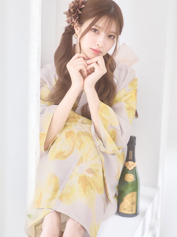 画像9: 【即日発送】グレージュ×イエローフラワー浴衣  【浴衣３点セット 浴衣/帯/下駄】[YMT] (9)
