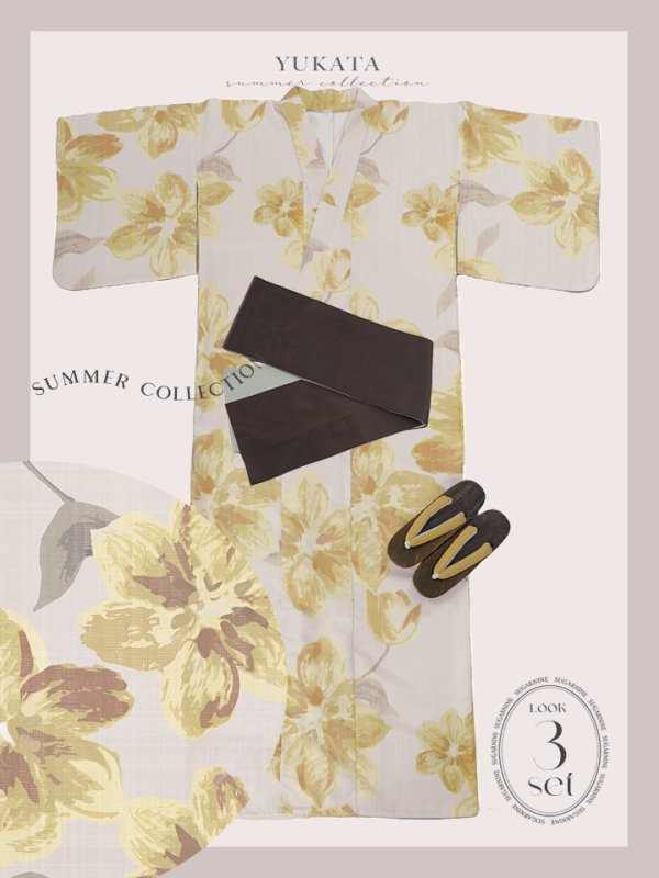 画像23: 【即日発送】グレージュ×イエローフラワー浴衣  【浴衣３点セット 浴衣/帯/下駄】[YMT] (23)