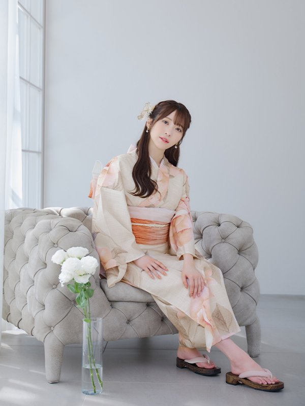 画像12: 【即日発送】ピンクベージュ牡丹浴衣  【浴衣３点セット 浴衣/帯/下駄】[YMT] (12)