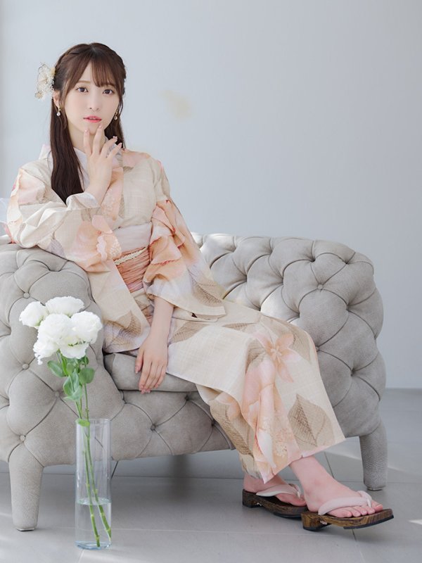 画像13: 【即日発送】ピンクベージュ牡丹浴衣  【浴衣３点セット 浴衣/帯/下駄】[YMT] (13)